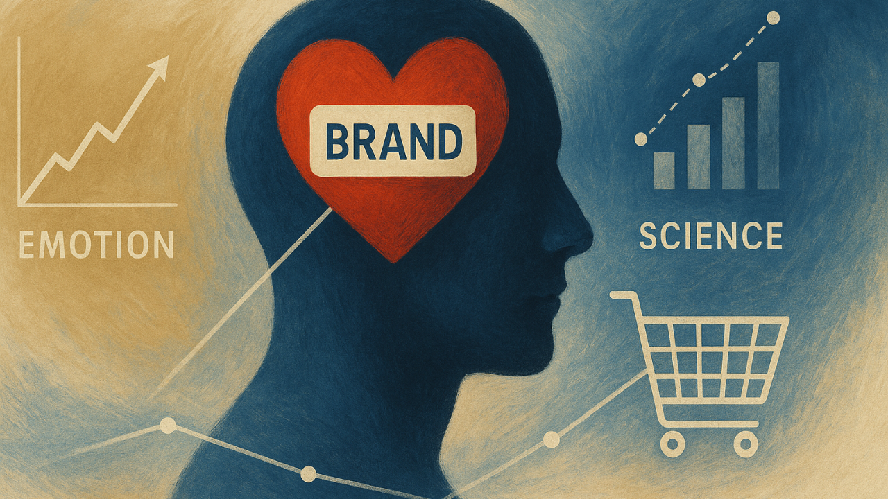 Ilustración de un cerebro y un carrito de compras simbolizando la estrategia de marca.